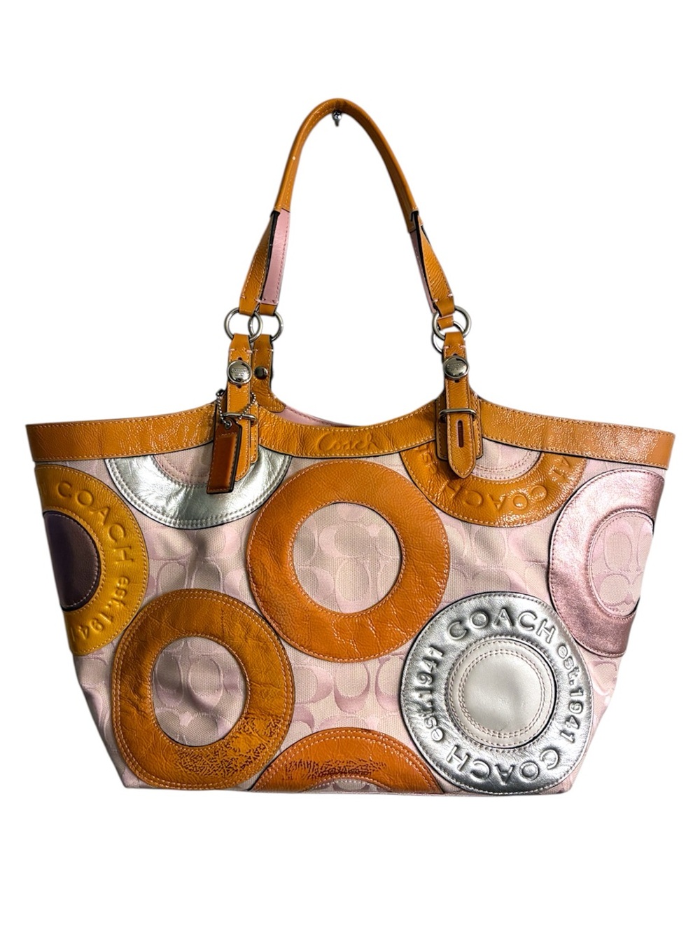 โจ Vintage Coach Carly F16180 Patchwork Metallic Pink Orange Silver Tote